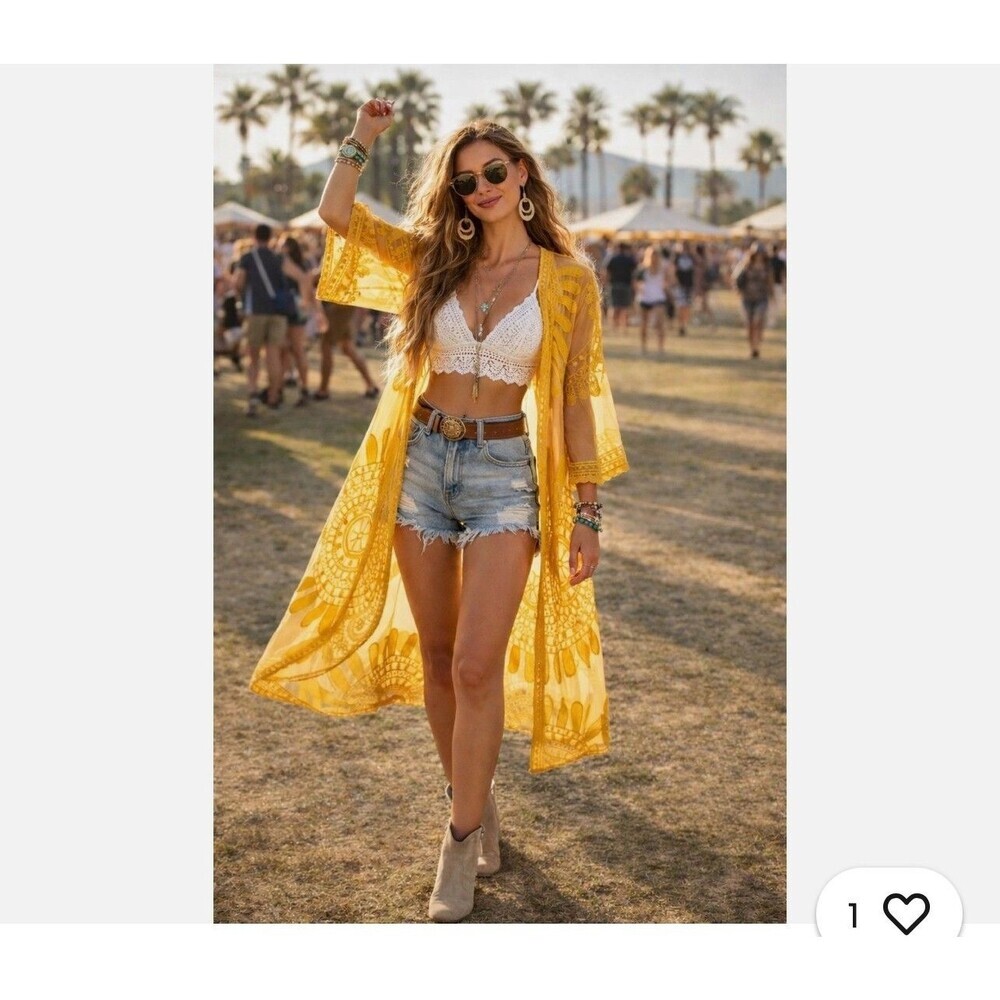 Boho Sheer Duster Mesh Kimono Lace Mustard Yellow Floral Daisy Festival Boho OS